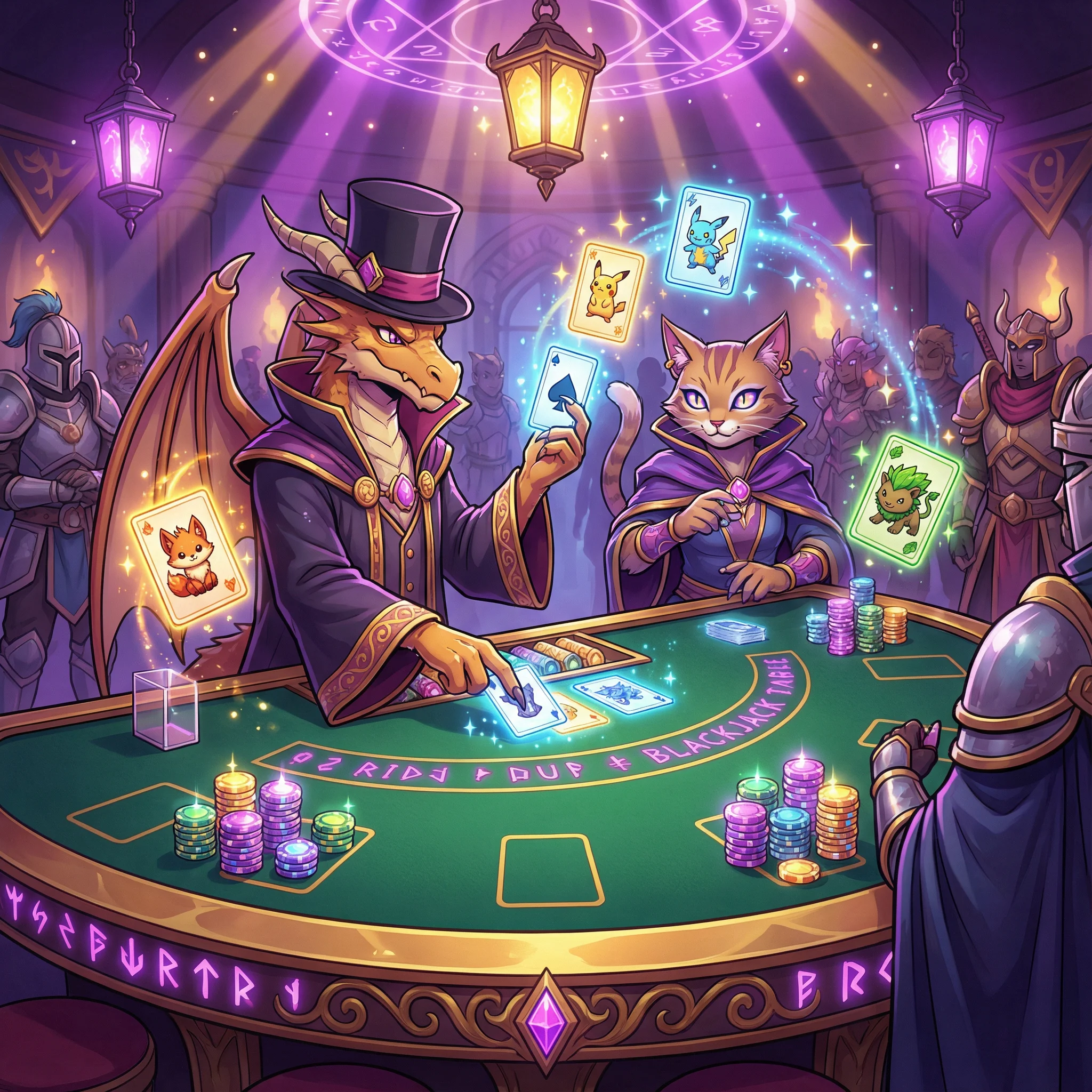 Mesa de blackjack con cartas mágicas y fichas de colores