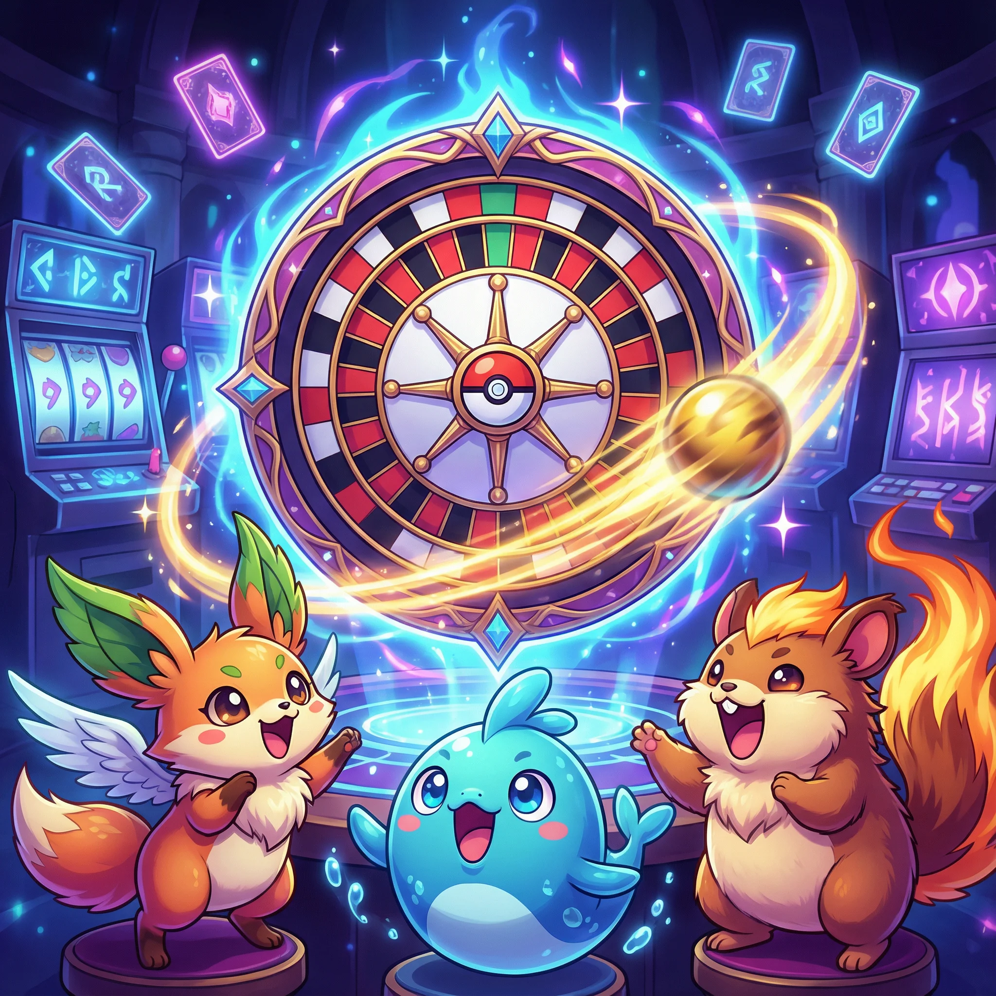 Ruleta de casino con efectos mágicos y criaturas fantásticas celebrando